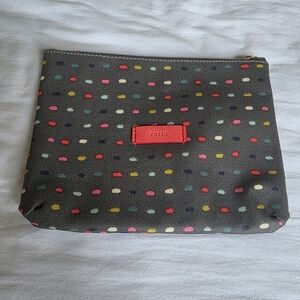 Fossil Coated Canvas Gray Pouch with Colorful Dots